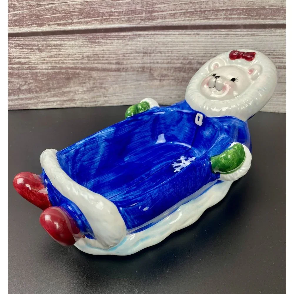 Blizzard Cooks Club Snowflake candy dish,‎ 1998, Christmas blue bear Dish